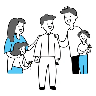 A boy, dressed in a white ceremonial outfit, stands at the center of the image. Surrounding him are three family members, each smiling warmly. One family member, a woman with long black hair, is gently placing a hand on the boy's shoulder, while another family member, an older man, is leaning slightly forward with a proud expression. The third family member, a younger girl with curly hair, is holding a small bouquet of flowers and looking up at the boy with a beaming smile. The setting is simple and captures the joy and affection shared among them.