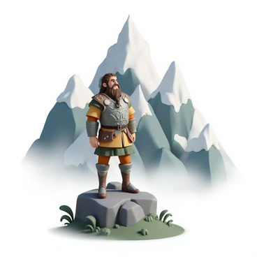 A stout dwarf named "Gimli," clad in intricately designed armor featuring earthy tones and metallic accents, stands firmly on a rocky outcrop. He gazes up at "towering mountain peaks" that pierce the sky, their rugged surfaces covered in patches of snow and green vegetation. The sunlight casts dramatic shadows across the mountains, emphasizing their immense height and strength. Gimli's expression reflects a "deep connection to his ancestry," with his brow furrowed in contemplation and pride. His long, braided beard flows gently in the wind as he takes in the grandeur of the landscape around him.
