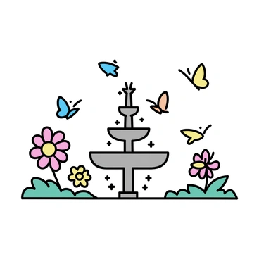 A variety of colorful butterflies are fluttering around a central fountain. The fountain is made of stone and has water gently cascading from its tiers. Surrounding the fountain are multiple flowers in bloom, showcasing bright colors such as red, yellow, and blue petals. The butterflies, in shades of orange, blue, and yellow, are caught mid-flight, creating a lively scene. The flowers are lush and green, providing a vibrant backdrop for the butterflies' delicate movements.