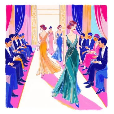 A vintage fashion show scene features several models walking down a long runway. Each model is wearing a classic evening gown from the 1920s, showcasing intricate beadwork and elegant silhouettes. One model has a flowing champagne-colored gown adorned with lace detailing, while another wears a deep emerald green gown with a plunging neckline and a fitted bodice. The audience is seated on either side of the runway, dressed in period-appropriate attire, with men in sharp suits and women in cloche hats. Soft lighting illuminates the runway, highlighting the gowns as they gracefully sway with each step. A backdrop displays a grand art deco pattern, completing the glamorous atmosphere of the event.