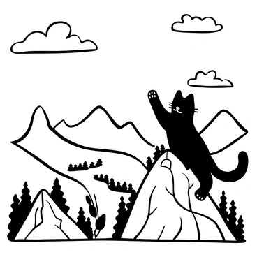 A "lucky cat" with a raised paw is perched on a rugged "rocky mountain peak". The cat has a glossy texture and intricate details on its body. The background features a vast expanse of "mountain ranges" stretching into the distance, with sharp peaks and steep cliffs. Below, there are "dense forests" and winding "rivers" visible, creating a dramatic contrast with the rocky summit. The sky above is expansive with scrolling clouds that suggest movement, completing this serene landscape.