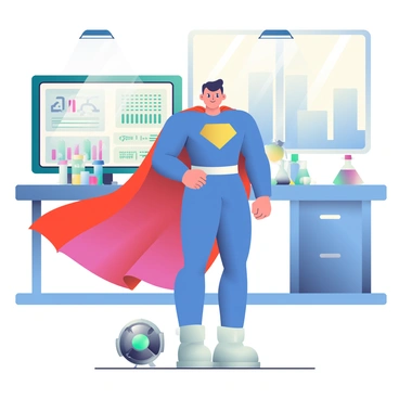 A superhero with a muscular build and wearing a bright blue costume is standing confidently in a high-tech laboratory. The superhero has a flowing red cape and a golden emblem on their chest, symbolizing strength. Beside them is a small, round robotic sidekick with a metallic finish and glowing green eyes, hovering slightly above the ground. The lab is filled with various scientific equipment, including a large digital monitor displaying complex data, beakers, and test tubes filled with colorful liquids on a workbench. Bright lights illuminate the room, reflecting off the polished surfaces, while a large window shows a city skyline in the background.