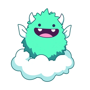 A teal furry monster with a big smile sits on a white fluffy cloud. The monster has tiny white wings that appear soft and feathery, slightly fluttering as it enjoys its perch. The cloud is billowing and round, with a light texture that contrasts against the details of the monster's fur. The background features a bright openness, enhancing the cheerful vibe of this playful scene.