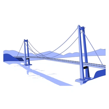 A suspension bridge spans across a wide river. The bridge features tall, slender towers at each end, anchored firmly to the ground. Evenly balanced tension cables extend from the towers to the bridge deck, creating a graceful curve above the roadway. The deck is wide, allowing for multiple lanes of traffic, and is lined with safety barriers on each side. Below the bridge, the river flows steadily, with gentle ripples reflecting the structure above. In the distance, rolling hills rise against the horizon, completing the scene.