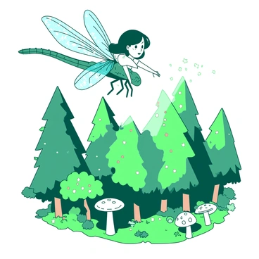 A young girl named "Alice" is soaring through the air on a giant "dragonfly" with iridescent wings that reflect the sunlight. Below them, there is a lush, green "enchanted forest" filled with tall trees that have vibrant, colorful leaves. The trees are adorned with sparkling flowers and whimsical mushrooms scattered across the forest floor. The dragonfly's long antennae are delicately swaying as they fly high above the treetops. Alice has a look of wonder on her face, enjoying the breathtaking view of the magical landscape beneath them.