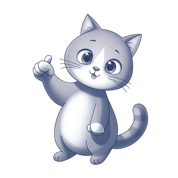 A cat with a fluffy coat is positioned with its front paw raised, forming a gesture that resembles a thumbs down. The cat's facial expression is bright and playful, with wide eyes and perked ears. Its tail is curled up in an alert manner, adding to its lively demeanor. The background is minimal, focusing attention on the cat's playful pose and mischievous expression.