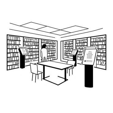 A library interior featuring tall wooden shelves filled with books. The shelves are organized in neat rows, with some books leaning slightly and others standing upright. In the foreground, there are sleek digital kiosks with touch screens, displaying various library services and information. A warm, inviting atmosphere fills the room, with a large central reading table surrounded by chairs. Soft overhead lighting highlights the titles on the shelves, and a few patrons can be seen browsing the books or using the kiosks.