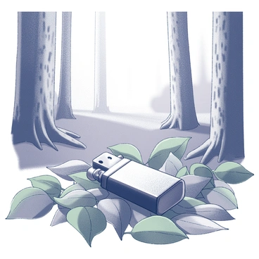 A lighter resting on a bed of leaves. The leaves are various shades of green and are scattered across the forest floor, creating a natural carpet. In the background, tall trees can be seen reaching up to the sky, their trunks rugged and textured. Sunlight filters through the canopy, casting subtle shadows and highlighting the contours of the lighter as well as the details of the leaves. The scene is peaceful, encapsulating the tranquility of the forest environment.