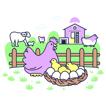 A farmyard scene is depicted with a hen sitting on a nest filled with eggs. The hen has a round body and smooth feathers, appearing protective as she watches over her eggs. Around the nest, several small yellow chicks are hatching, their soft, fluffy bodies emerging from the eggshells. The ground is dotted with straw and surrounded by a wooden fence. In the background, there are green patches of grass, and a small barn is visible under a clear sky. A few other farm animals, such as a cow and a sheep, can be seen grazing nearby.