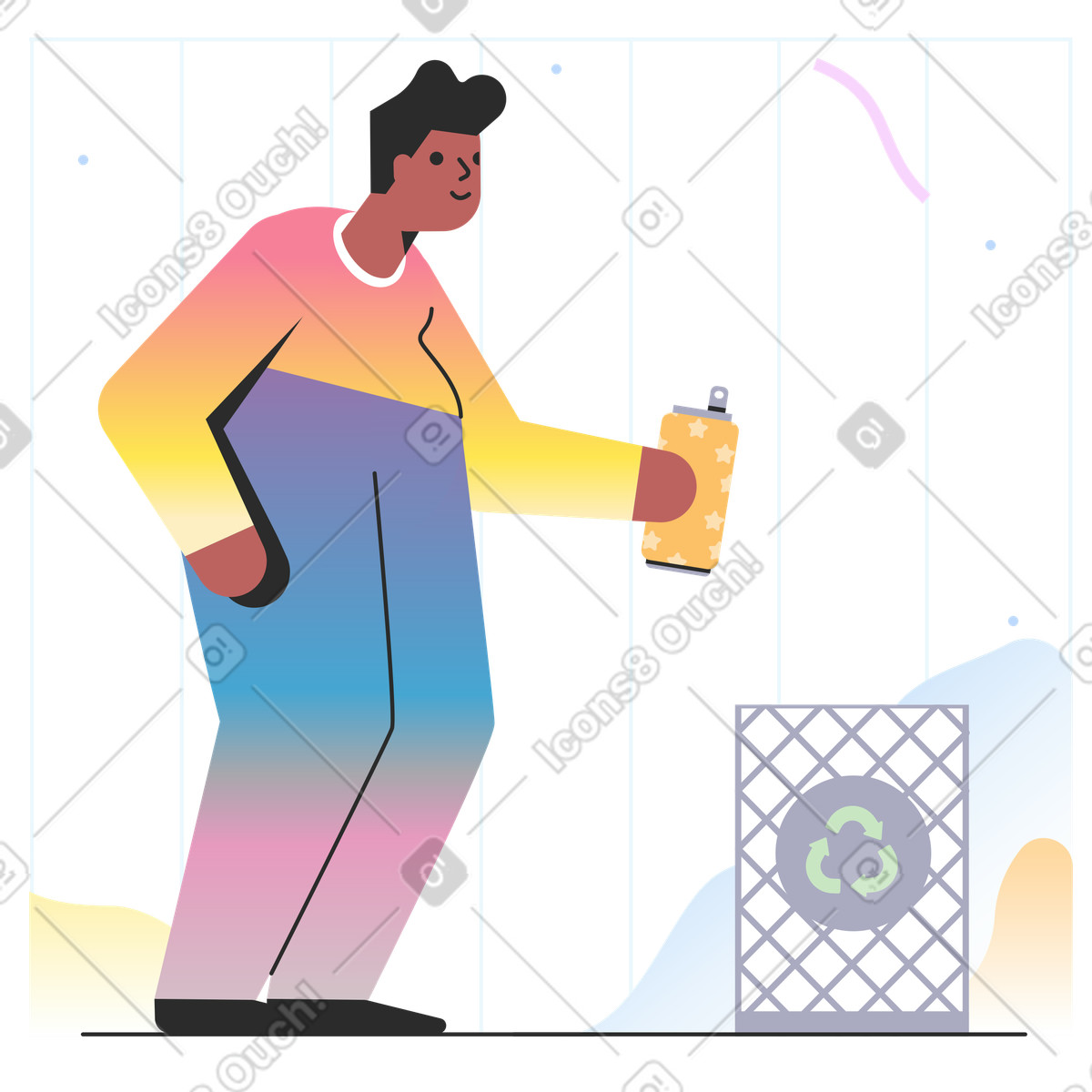 Ilustración Hombre arrojando una lata a un contenedor de reciclaje en estilo Marginalia descargar en PNG y SVG