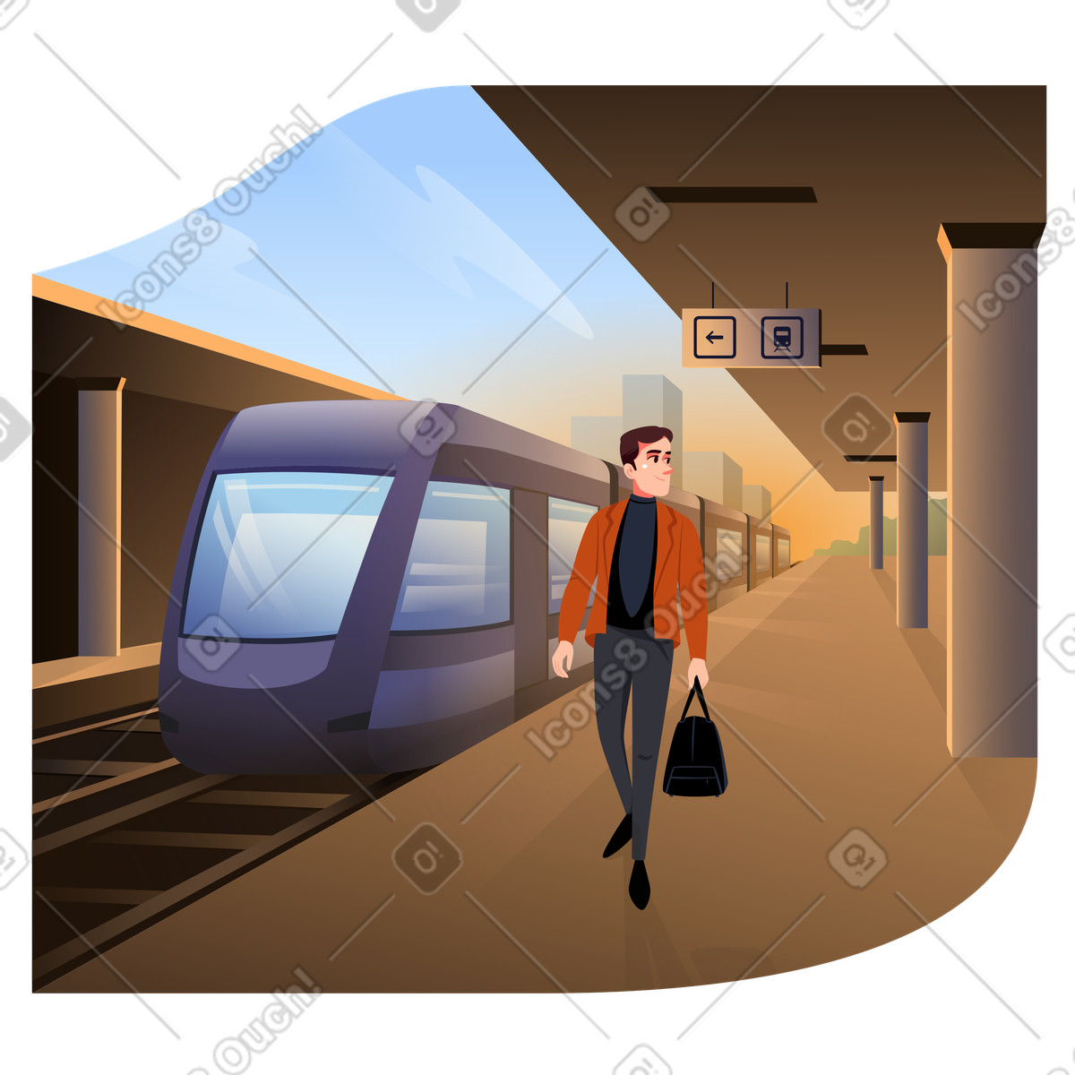 Man walks with a bag at the train station illustrazione in stile Vivid scarica in PNG, SVG