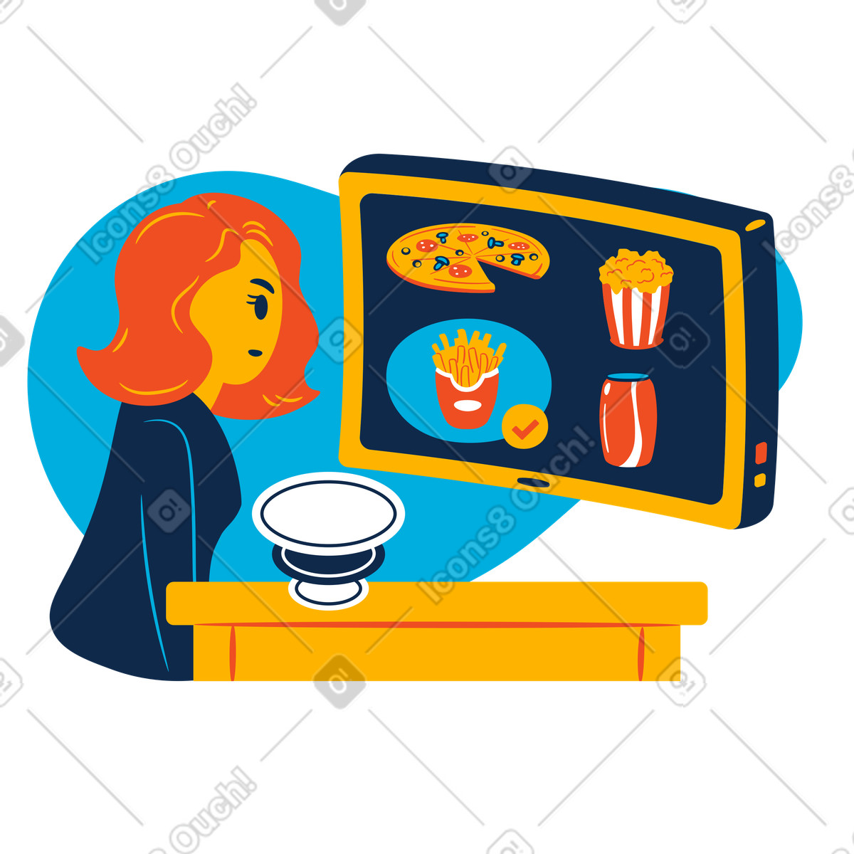 Illustration Selecting fast food on screen, Online order or digital restaurant menu dans le style Flame à télécharger aux formats PNG, SVG