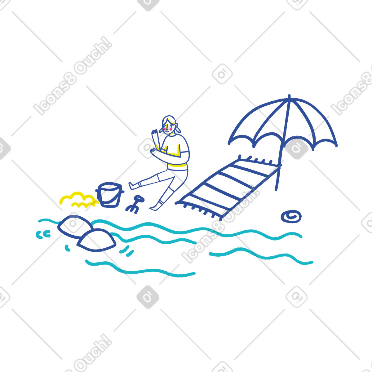 Mädchen spielt im sand am strand-Illustration Lime-Stil als Download in PNG, SVG