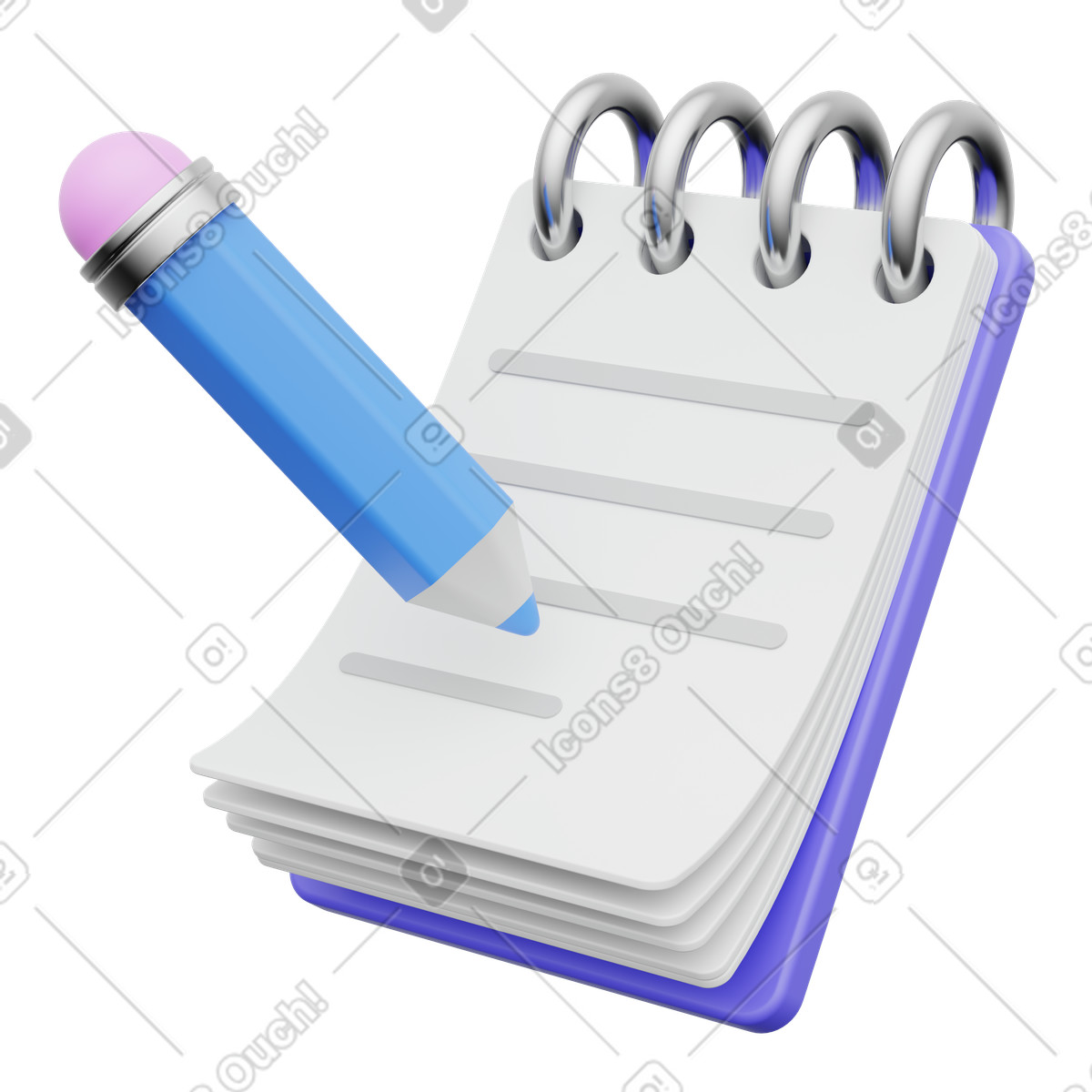 Illustration Bloc-notes et crayon, essentiels pour la prise de notes l'écriture dans le style 3D Playful à télécharger aux formats PNG, SVG