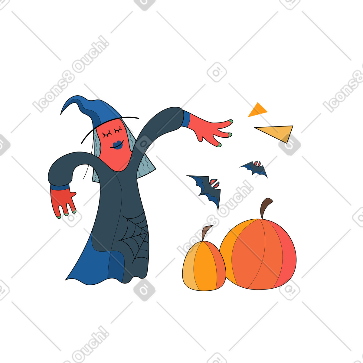 Illustration Sorcière jetant un sort aux citrouilles et chauves-souris dans le style Surr à télécharger formats PNG, SVG