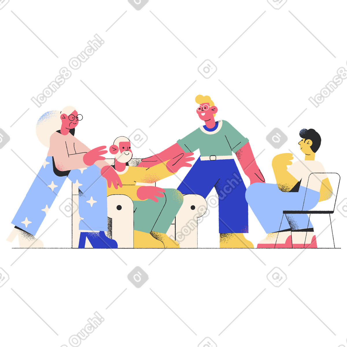 Illustration Des petits-enfants heureux rendent visite à leurs grands-parents dans le style Pablo télécharger aux formats PNG, SVG