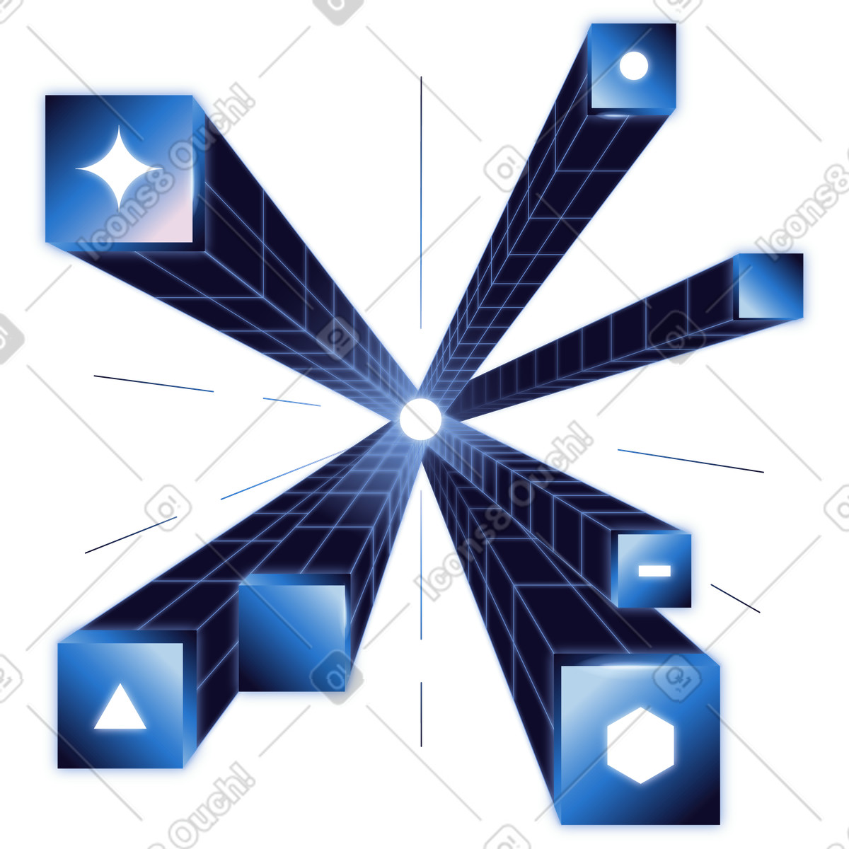 Radiating 3d lines from central point, system integration hub, modular architecture illustration in PNG, SVG