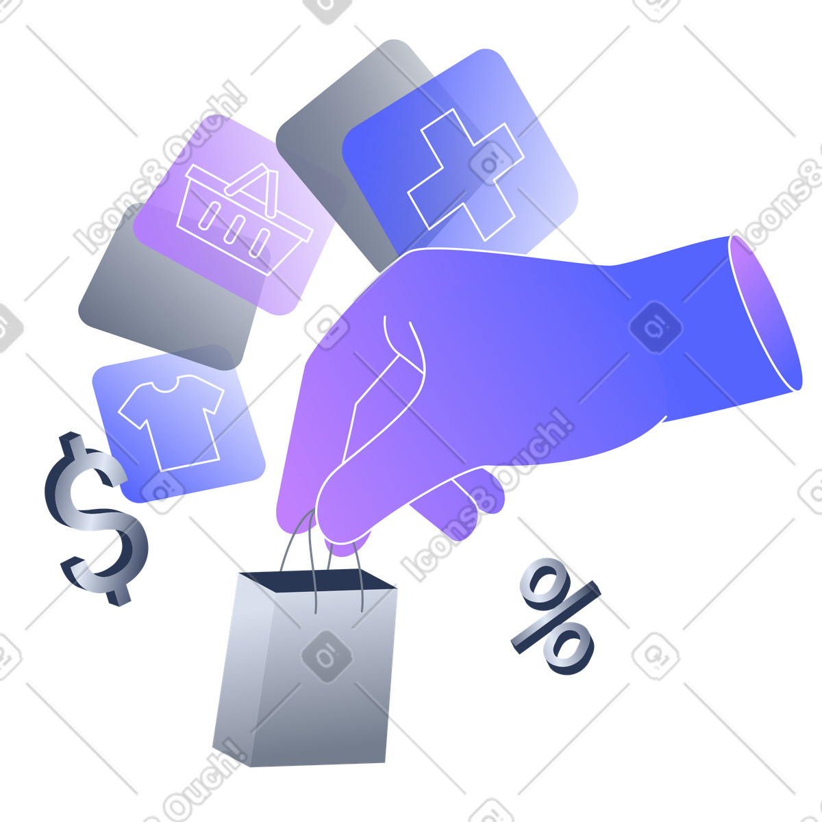 Ilustraci&oacute;n Hand holding shopping bag, E-commerce and deals en estilo Lucent a descargar en PNG y SVG