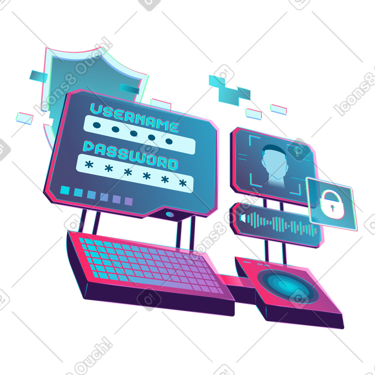 Password entry and secure login into account illustration in Neon style download in PNG, SVG