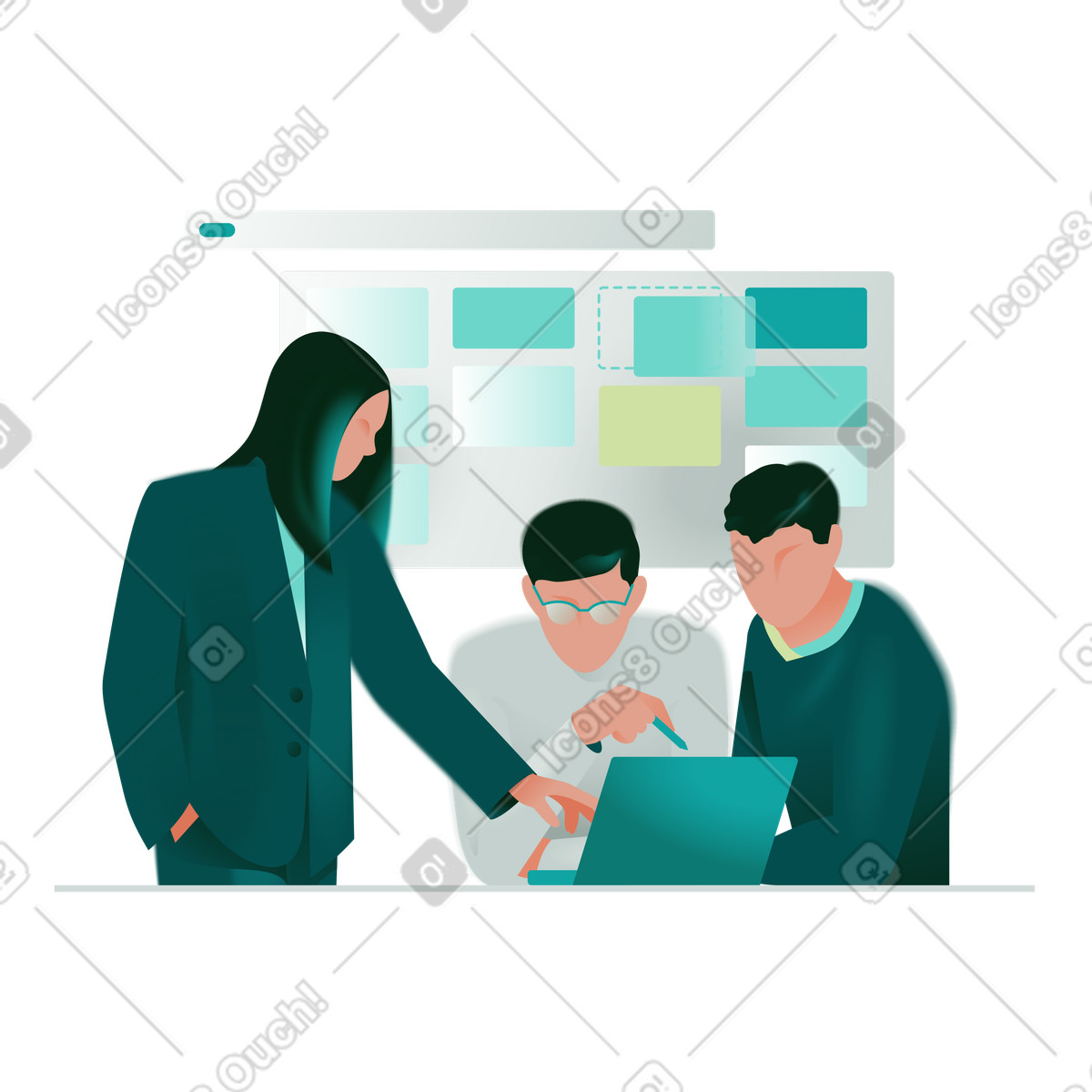Ilustração animada de Consultar um colega trabalho sobre projeto em no estilo Office para baixar em GIF, Lottie (JSON), AE