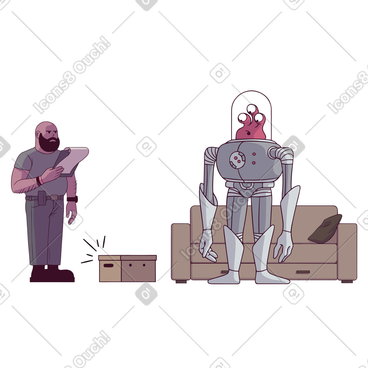 Kurier übergibt einem außerirdischen ein paket-Illustration im Eastwood-Stil als Download in PNG, SVG