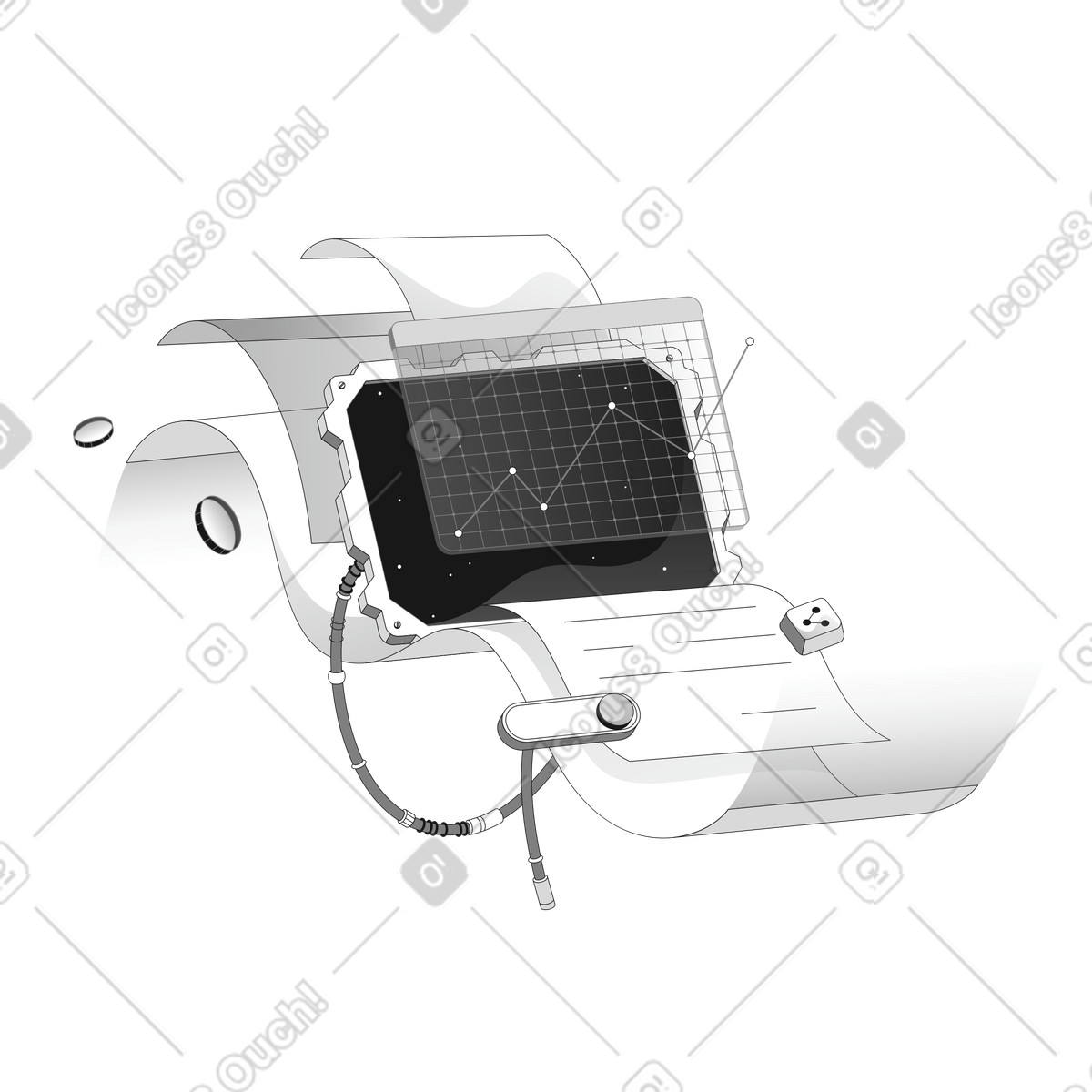 Analytics line chart on digital monitor with paper documents illustration in Futuristic style download in PNG, SVG