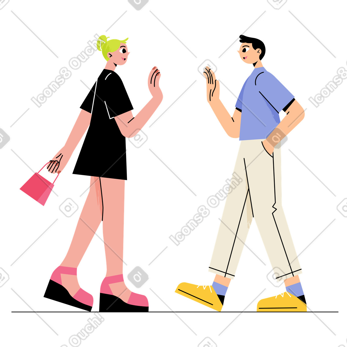 Couple walking and waving, Friendly greeting or casual communication illustration in Juicy style download in PNG, SVG