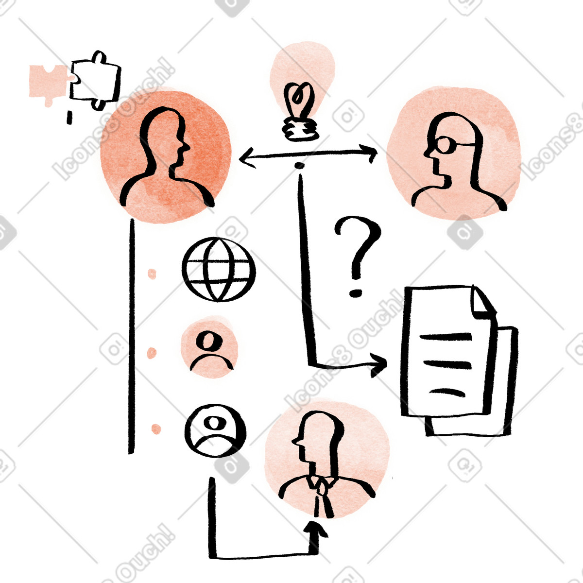 Ilustração animada de Membros da equipe conectados por linhas pontilhadas, colaboração e fluxo trabalho do projeto em no estilo Hand-drawn animation para baixar em GIF, Lottie (JSON), AE
