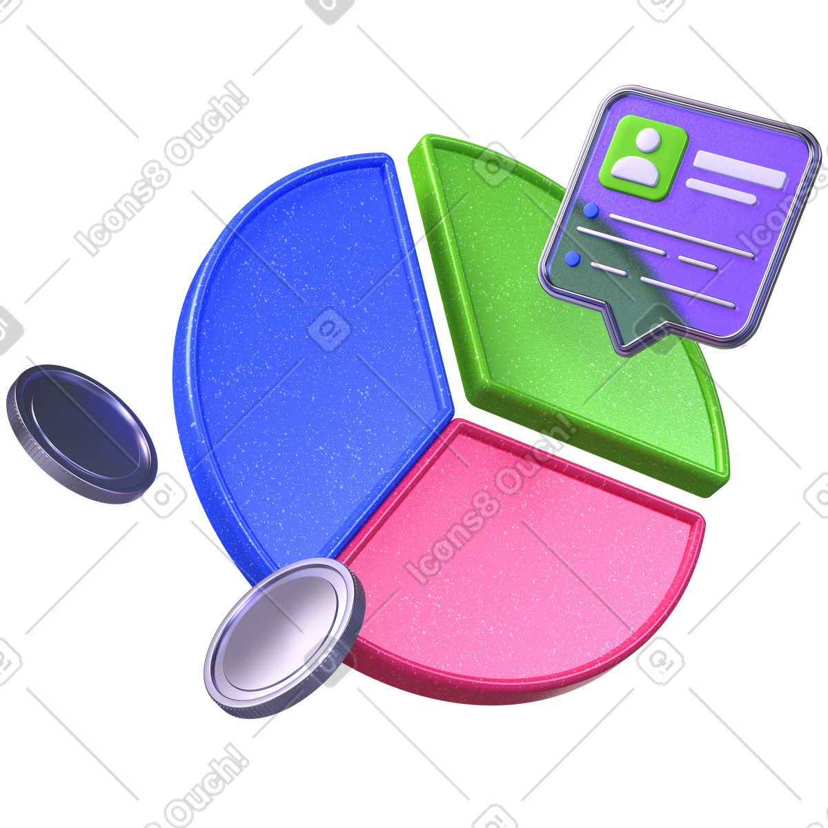 Colorful pie chart segments with user profile card, market segmentation analysis illustration in 3D Boost style download in PNG, SVG
