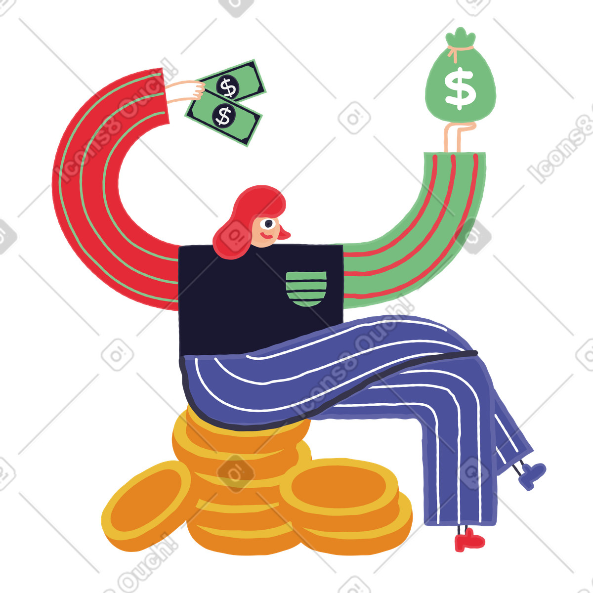 Stripy 스타일의 동전에 앉아서 지폐와 돈 가방을 들고 소녀 일러스트레이션 PNG, SVG 다운로드