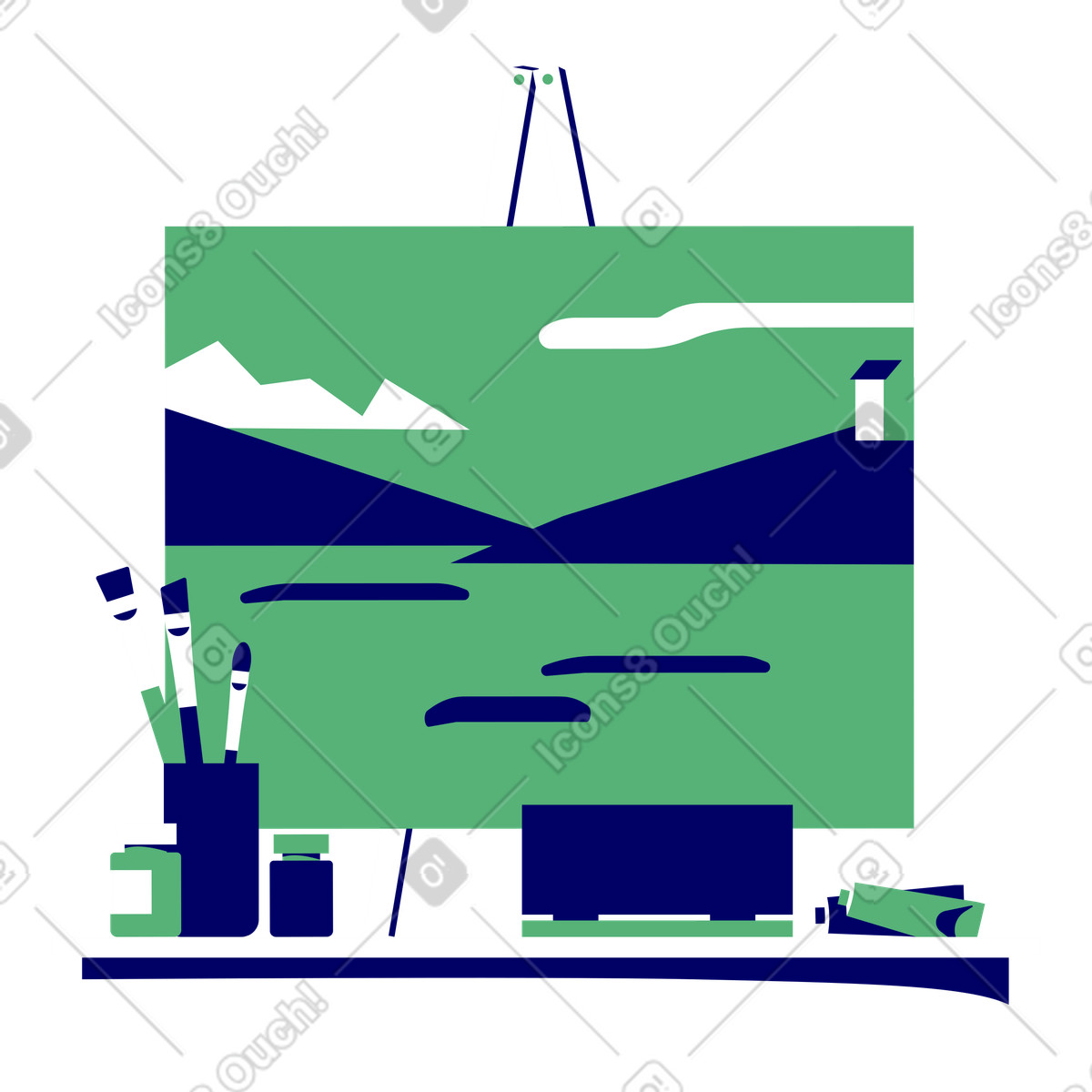 Lounge スタイルの Landscape on an easel surrounded by paints and brushes のイラストをPNG、SVG形式でダウンロード