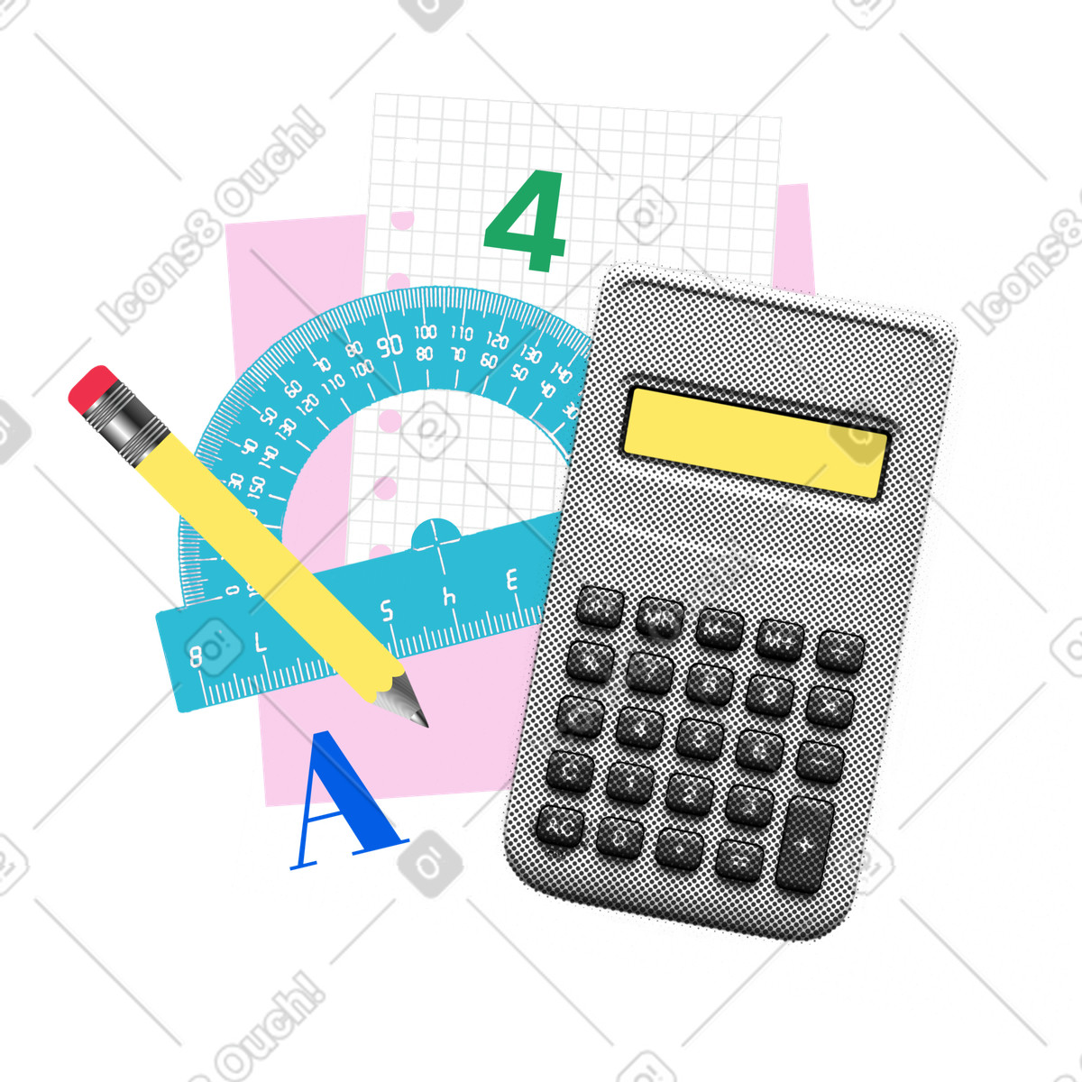 Math class, calculator, and other supplies illustration in PNG, SVG