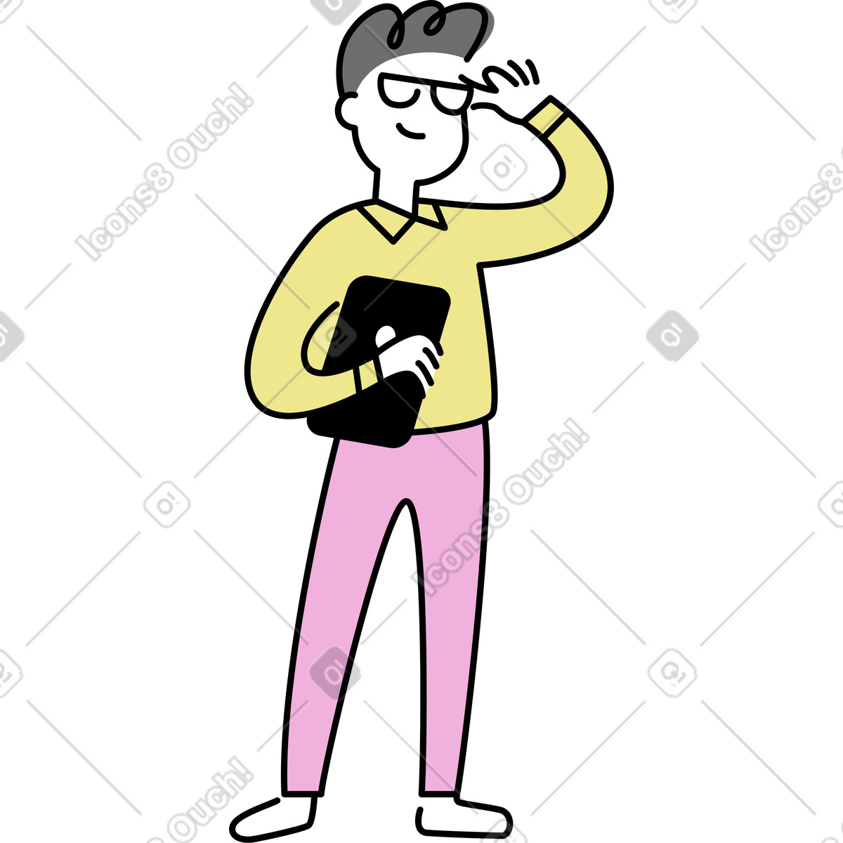 Erfolgreicher mann mit brille und tablet-Illustration im Mochi-Stil als Download in PNG, SVG