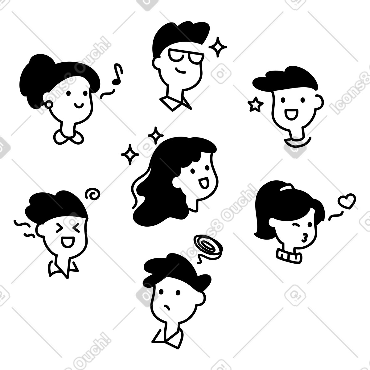 Faces happy expressions laughing smiling winking cartoon heads together illustration in style download in PNG, SVG