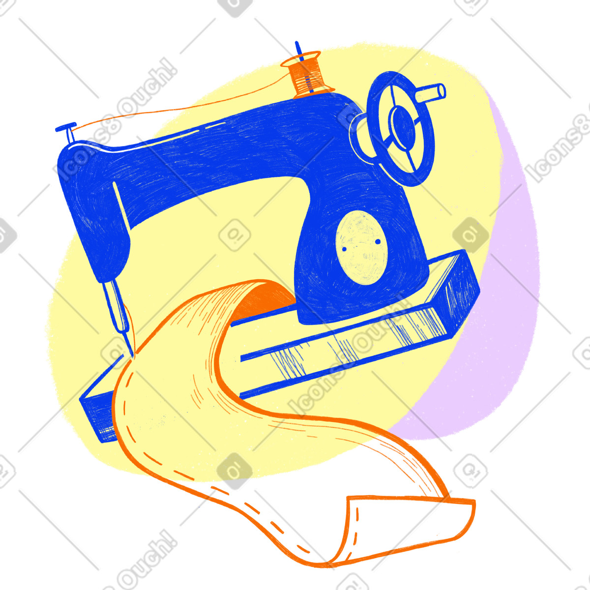 Working with fabric on a blue sewing machine illustration in Biro style download in PNG, SVG