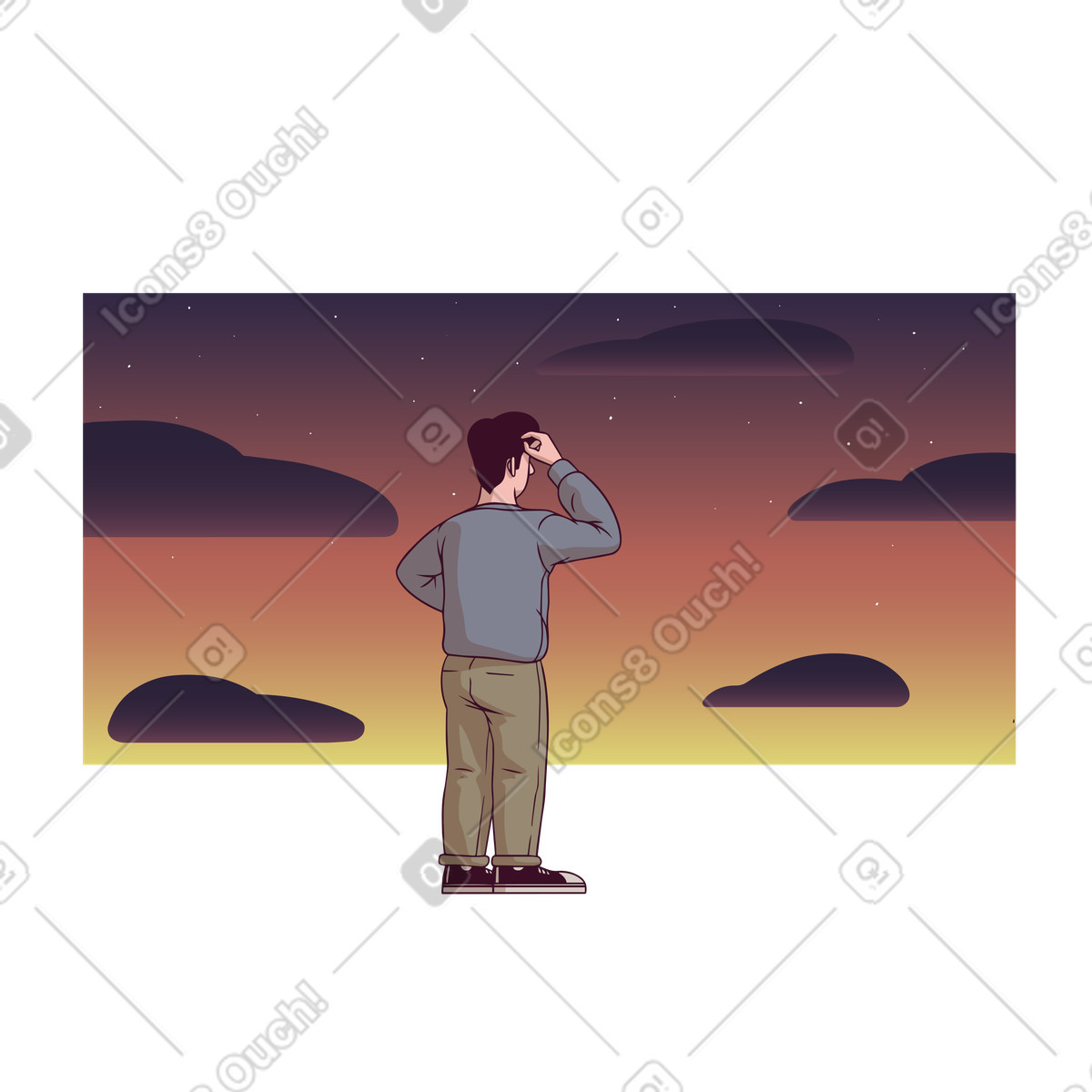 Pensive man looking at the sunset illustration in Eastwood style download in PNG, SVG