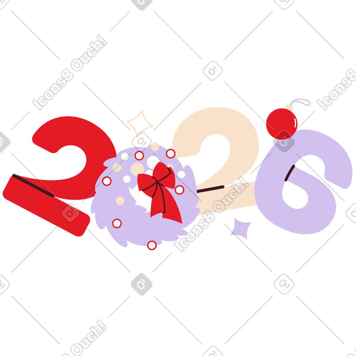 Folks スタイルの Pastel number 2026 with Christmas wreath のイラストをPNG、SVG形式でダウンロード