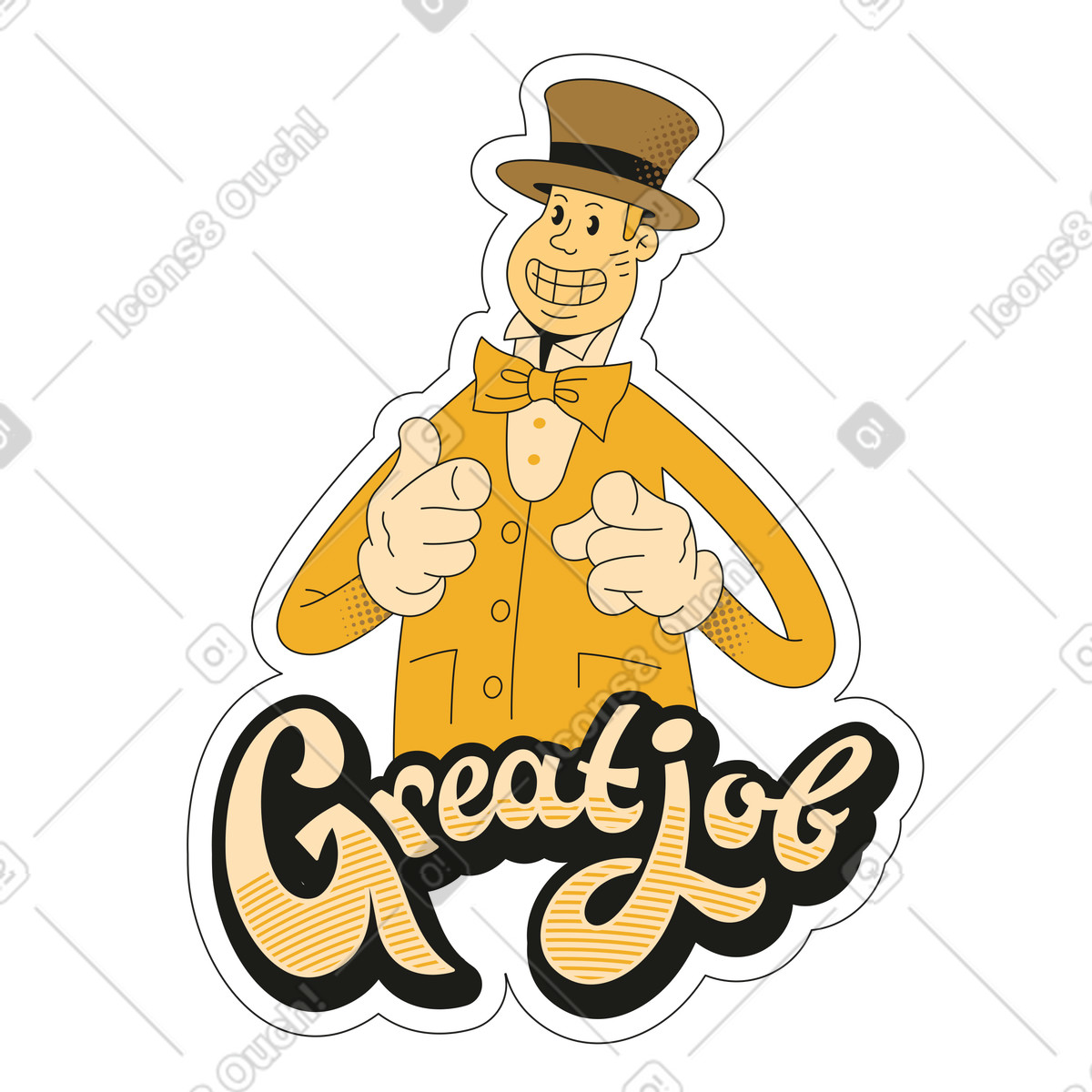Adesivo ottimo lavoro con l'uomo che fa pistole a dito illustrazione in stile Rubber scarica in PNG, SVG