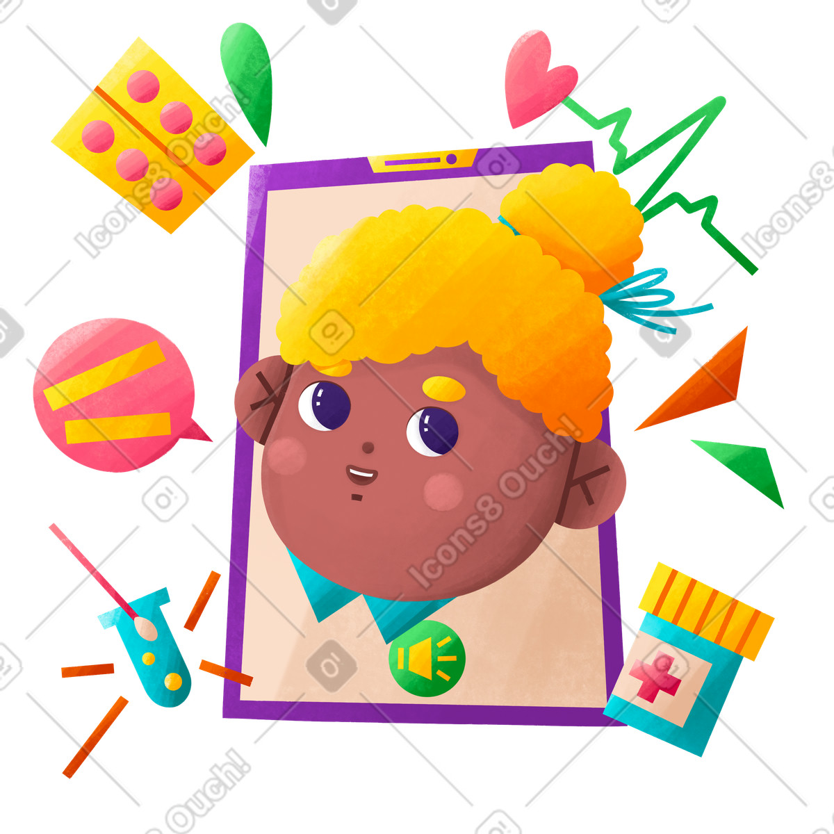 Ilustración Tableta con medicamento y consulta online. en estilo Bonbon a descargar en PNG SVG