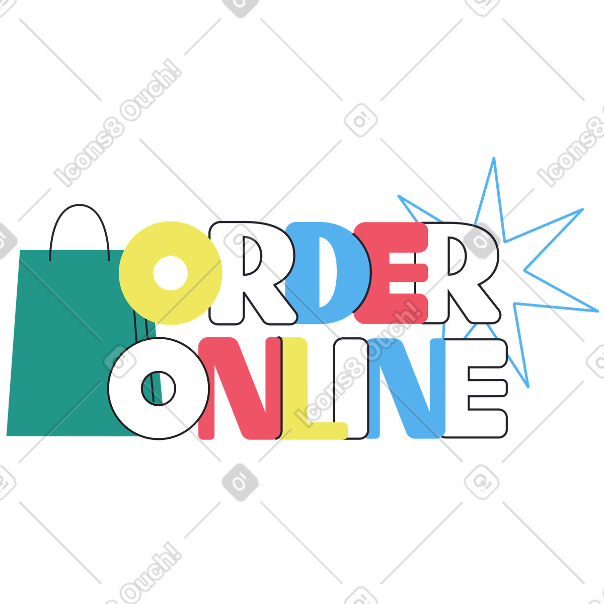 Boba スタイルの Colorful order online lettering with bag, shopping promotion のイラストをPNG、SVG形式でダウンロード