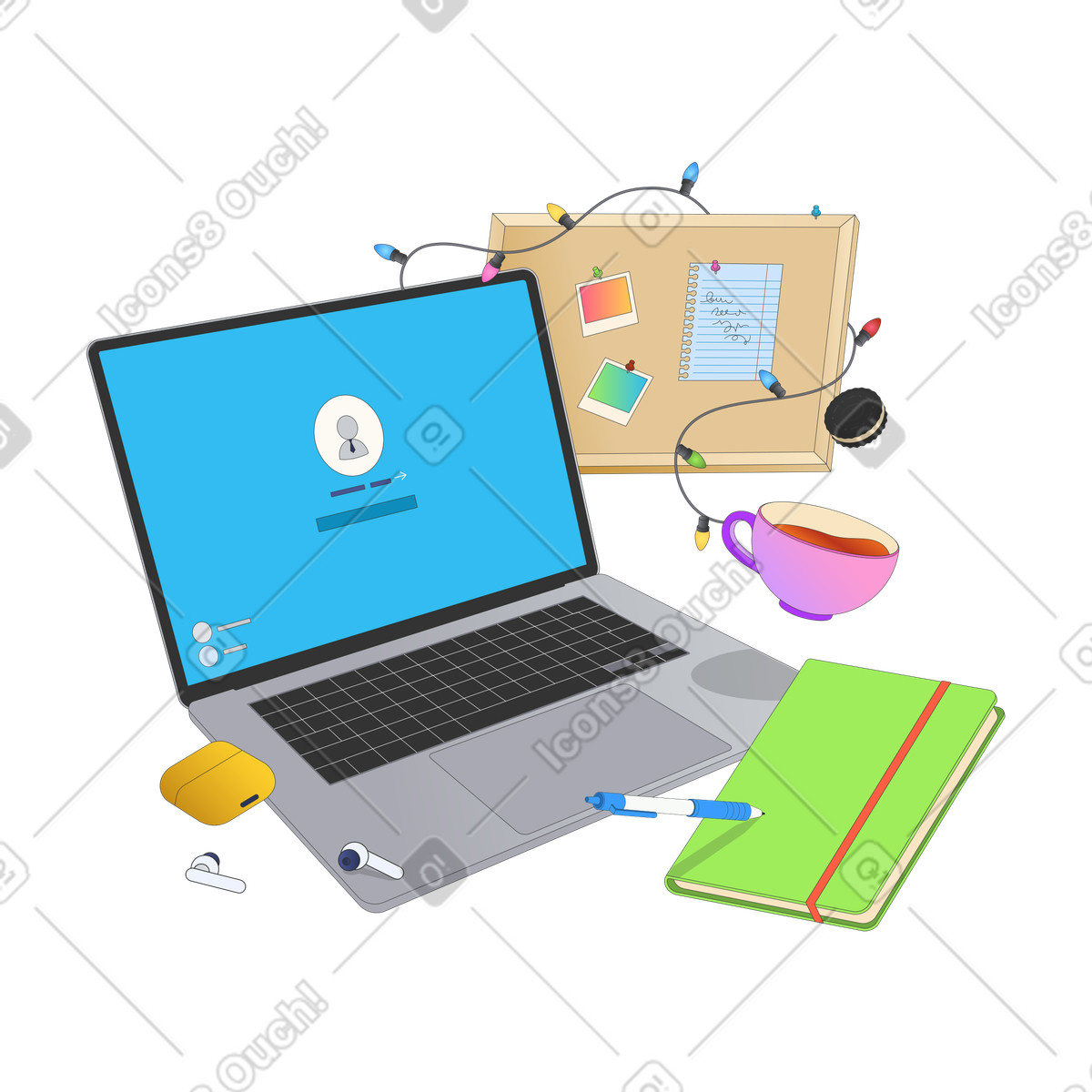 Home office con laptop e bacheca illustrazione in stile Kit scarica in PNG, SVG