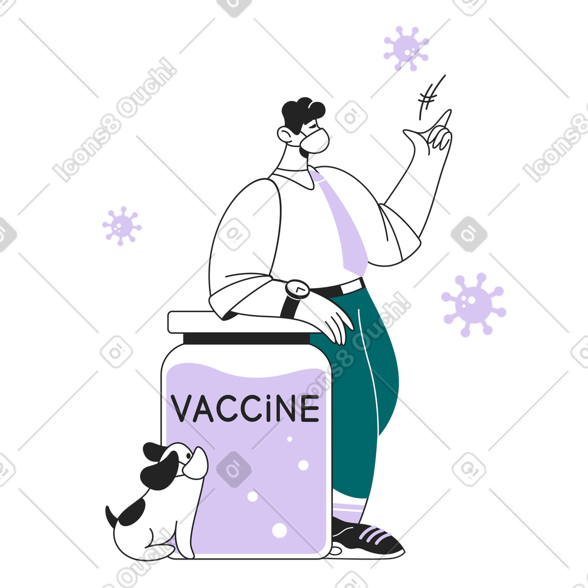 Guy e il suo cane si stanno sbarazzando del virus covid illustrazione in stile Sammy Line scarica in PNG, SVG