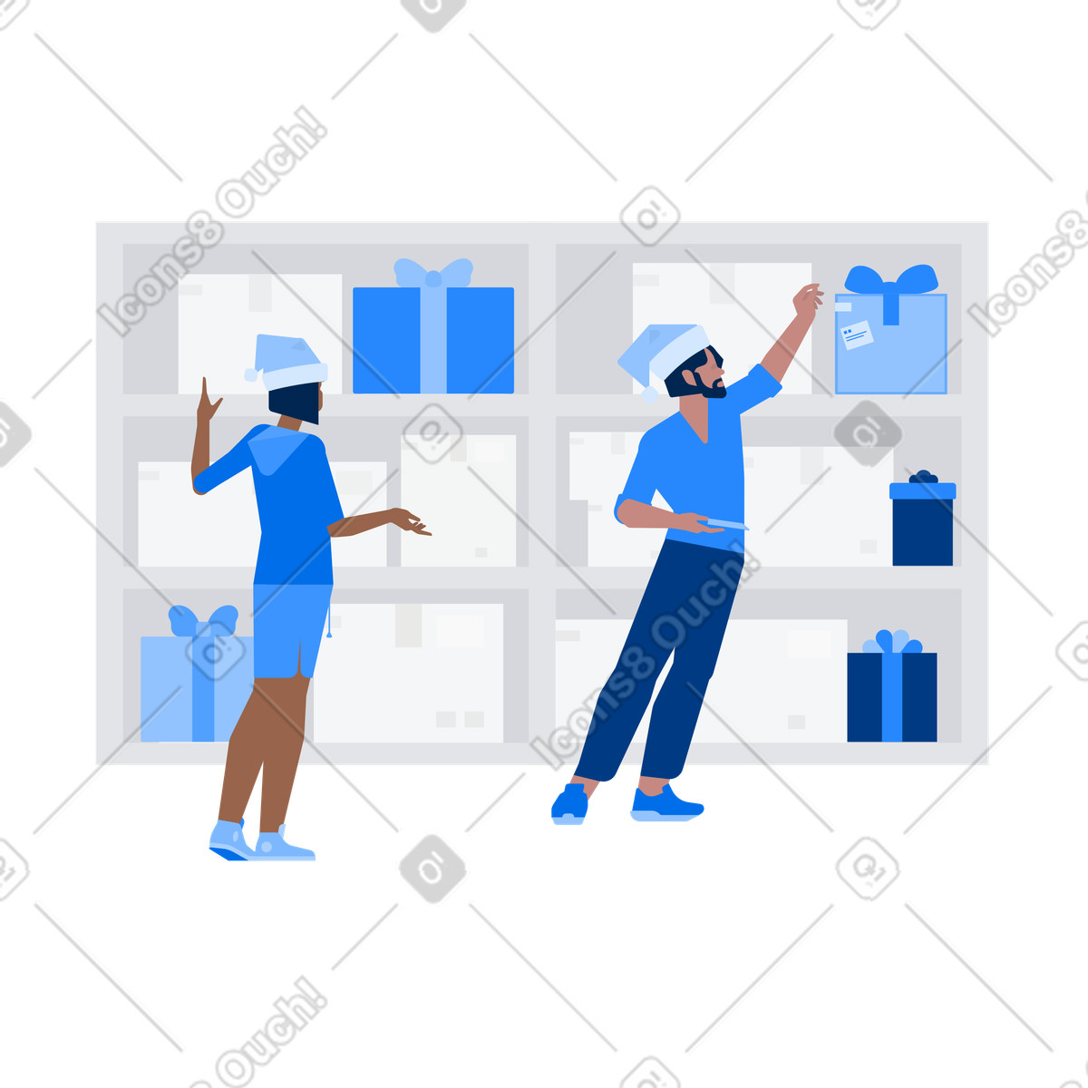Warehouse workers at gifts illustration in Urban style download in PNG, SVG
