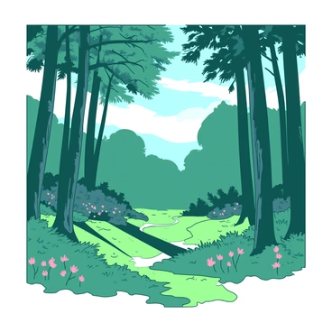 A vintage forest scene with tall, slender trees casting long shadows. The dappled sunlight filters through the leaves, creating intricate patterns on the forest floor. Soft green moss covers the ground, and patches of vibrant wildflowers peek through the foliage. In the background, a gentle breeze stirs the leaves, adding a sense of movement to the tranquil atmosphere.