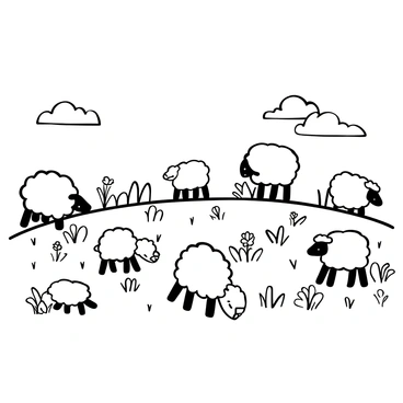 A flock of sheep scattered across a vast meadow, each sheep depicted in detail with fluffy wool. The sheep are positioned at various angles, some nibbling on the grass while others are resting. The meadow is filled with a variety of grasses and wildflowers, creating texture in the landscape. In the background, a calm sky stretches over the scene, with a few gentle clouds.