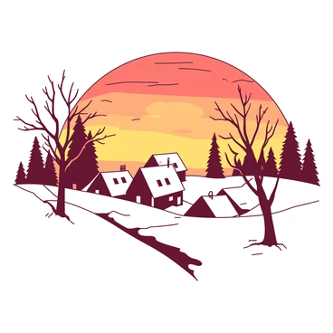 A white snow village silhouette is set against a backdrop of a vibrant sky at sunset. The sky is filled with a gradient of warm colors ranging from deep orange to soft yellow. The village features quaint, small houses with pointed roofs, outlined starkly against the colorful sky. Snow blankets the ground, creating an even, smooth surface that reflects some of the warm hues from the sunset. In the foreground, there are bare trees with intricate branches extending towards the sky.
