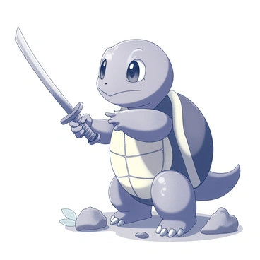 A Squirtle stands upright, gripping a miniature katana in its hands. The creature's shell is prominent, showcasing its unique markings. Its eyes are focused, conveying determination as it prepares for the adventure ahead. The katana is detailed, with a finely crafted hilt and a shiny blade. The background hints at a lush, vibrant setting, implying a journey through nature. Small rocks and leaves are scattered around, suggesting the Squirtle's readiness to explore the environment.