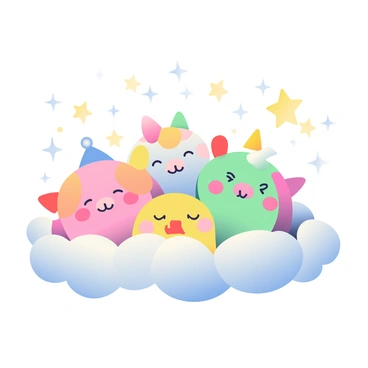 An illustration shows several colorful anions with various shades and designs gently floating on fluffy, white clouds. Each anion has distinct features, such as smiling faces and cartoon-like expressions. They are surrounded by twinkling stars that shimmer in the background, creating a magical atmosphere. The clouds are soft and rounded, providing a cozy setting for the anions as they dream peacefully. The stars vary in size and brightness, enhancing the dreamy feel of the scene.
