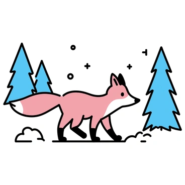 A red fox with a bushy tail is cautiously walking through a snow-covered forest. The fox's vibrant fur stands out against the white snow. Tall pine trees, draped in a thick layer of snow, surround the fox. Soft snowflakes are gently falling from the sky, adding to the wintery scene. The fox appears alert, its ears perked up, scanning the environment for any signs of movement.