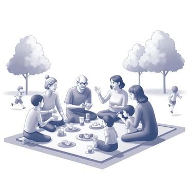 A multi-generational family gathers on a picnic blanket spread across the grass in a park setting. Various family members, including grandparents, parents, and children, sit together, surrounded by an array of picnic food items such as sandwiches, fruit, and drinks. The adults are engaged in conversation, sharing stories, while the children play nearby, throwing a frisbee or running around. In the background, there are tall trees providing shade, and a clear sky above suggests a sunny day. The atmosphere is filled with laughter and warmth as the family enjoys their time together.